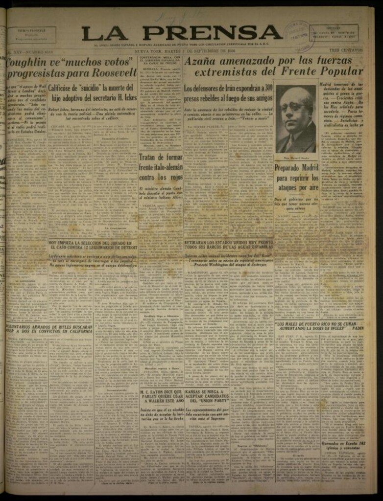Miniatura de La Prensa: único diario español e hispano americano en Nueva York del 1 de septiembre de 1936, nº 6118