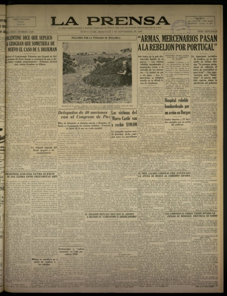 Miniatura de La Prensa: único diario español e hispano americano en Nueva York del 2 de septiembre de 1936, nº 6119