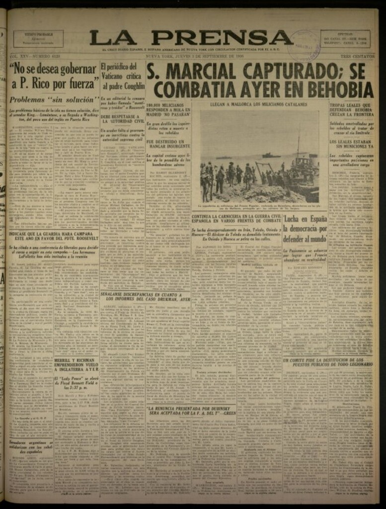 Miniatura de La Prensa: único diario español e hispano americano en Nueva York del 3 de septiembre de 1936, nº 6120