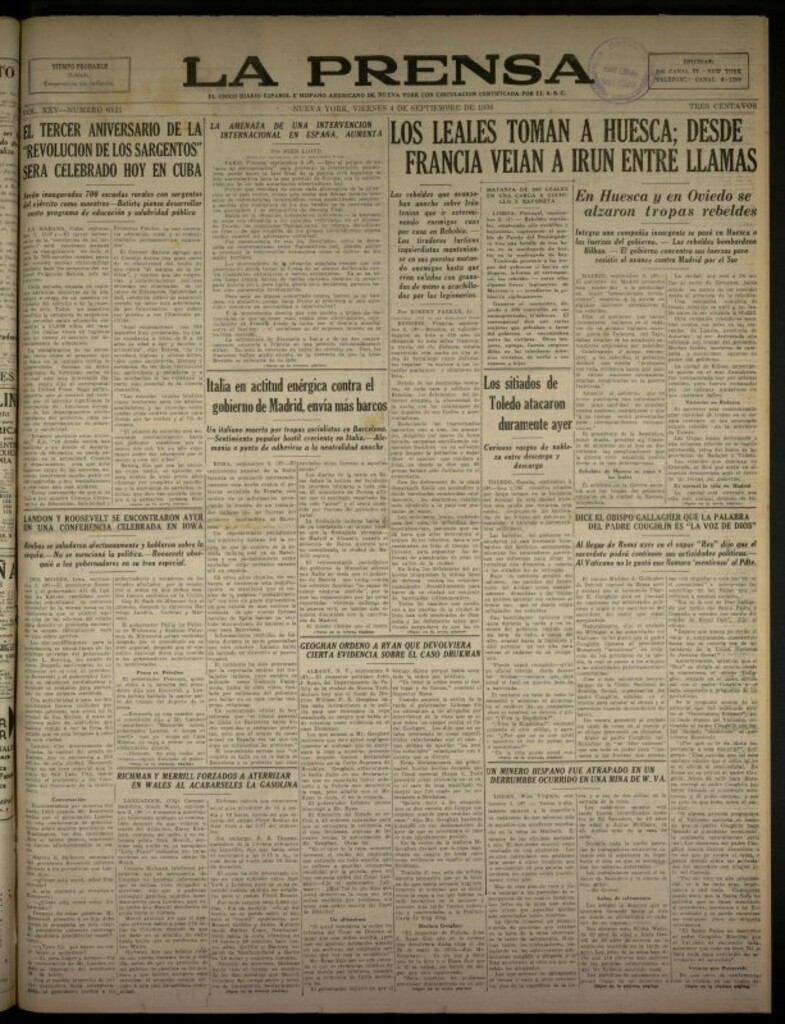 Miniatura de La Prensa: único diario español e hispano americano en Nueva York del 4 de septiembre de 1936, nº 6121