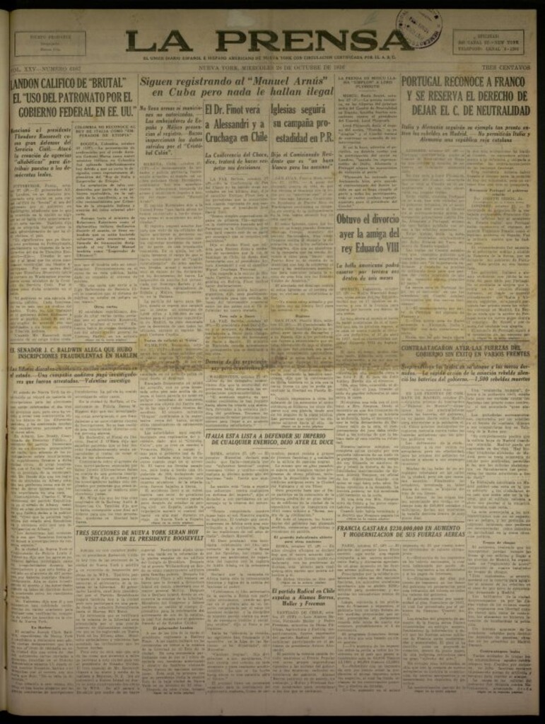 Miniatura de La Prensa: único diario español e hispano americano en Nueva York del 28 de octubre de 1936, nº 6167
