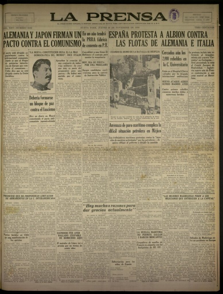 Miniatura de La Prensa: único diario español e hispano americano en Nueva York del 26 de noviembre de 1936, nº 6192