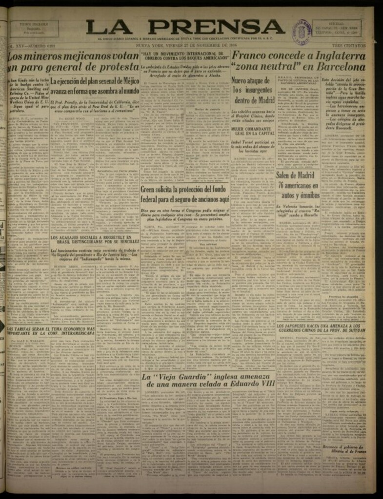 Miniatura de La Prensa: único diario español e hispano americano en Nueva York del 27 de noviembre de 1936, nº 6193