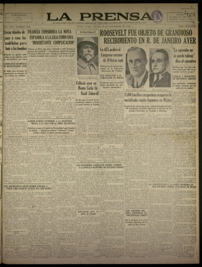 Miniatura de La Prensa: único diario español e hispano americano en Nueva York del 28 de noviembre de 1936, nº 6194