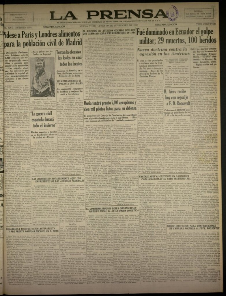 Miniatura de La Prensa: único diario español e hispano americano en Nueva York del 30 de noviembre de 1936, nº 6195