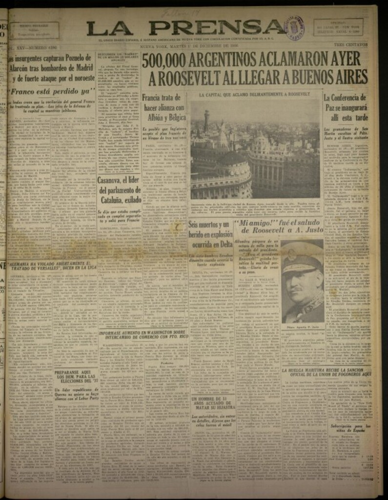 Miniatura de La Prensa: único diario español e hispano americano en Nueva York del 1 de diciembre de 1936, nº 6196