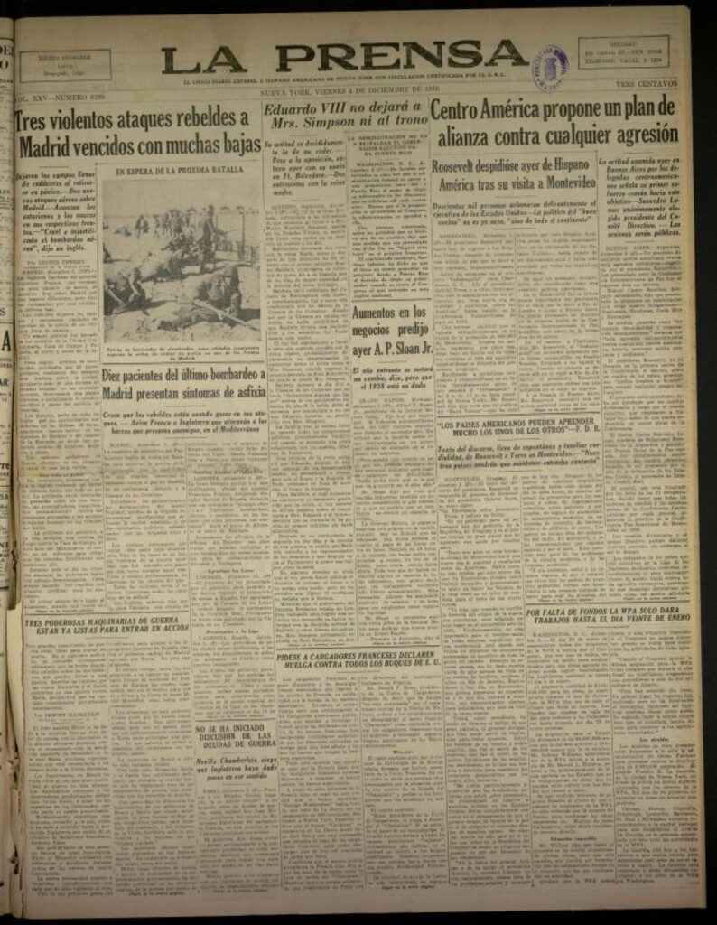 Miniatura de La Prensa: único diario español e hispano americano en Nueva York del 4 de diciembre de 1936, nº 6199