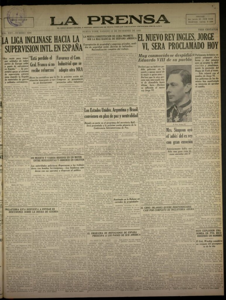 Miniatura de La Prensa: único diario español e hispano americano en Nueva York del 12 de diciembre de 1936, nº 6206