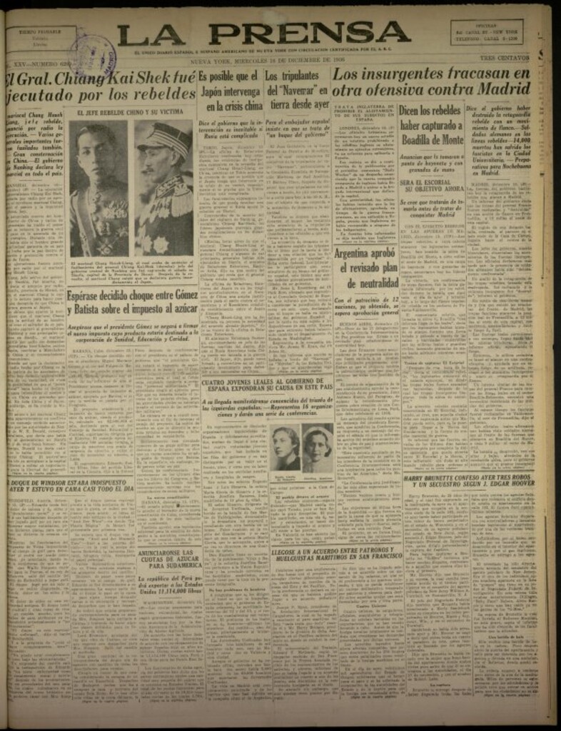 Miniatura de La Prensa: único diario español e hispano americano en Nueva York del 16 de diciembre de 1936, nº 6209