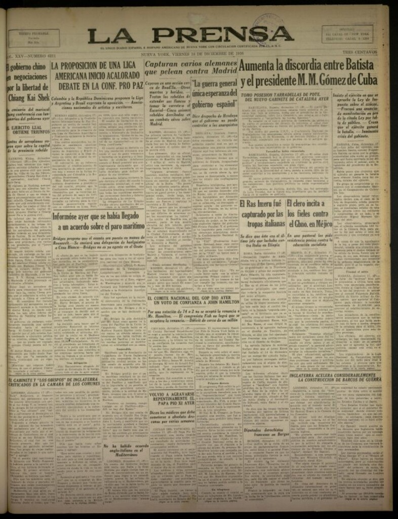 Miniatura de La Prensa: único diario español e hispano americano en Nueva York del 18 de diciembre de 1936, nº 6211