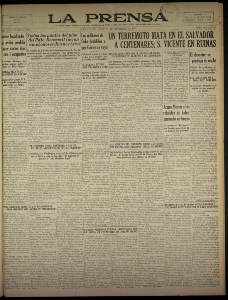 Miniatura de La Prensa: único diario español e hispano americano en Nueva York del 21 de diciembre de 1936, nº 6213