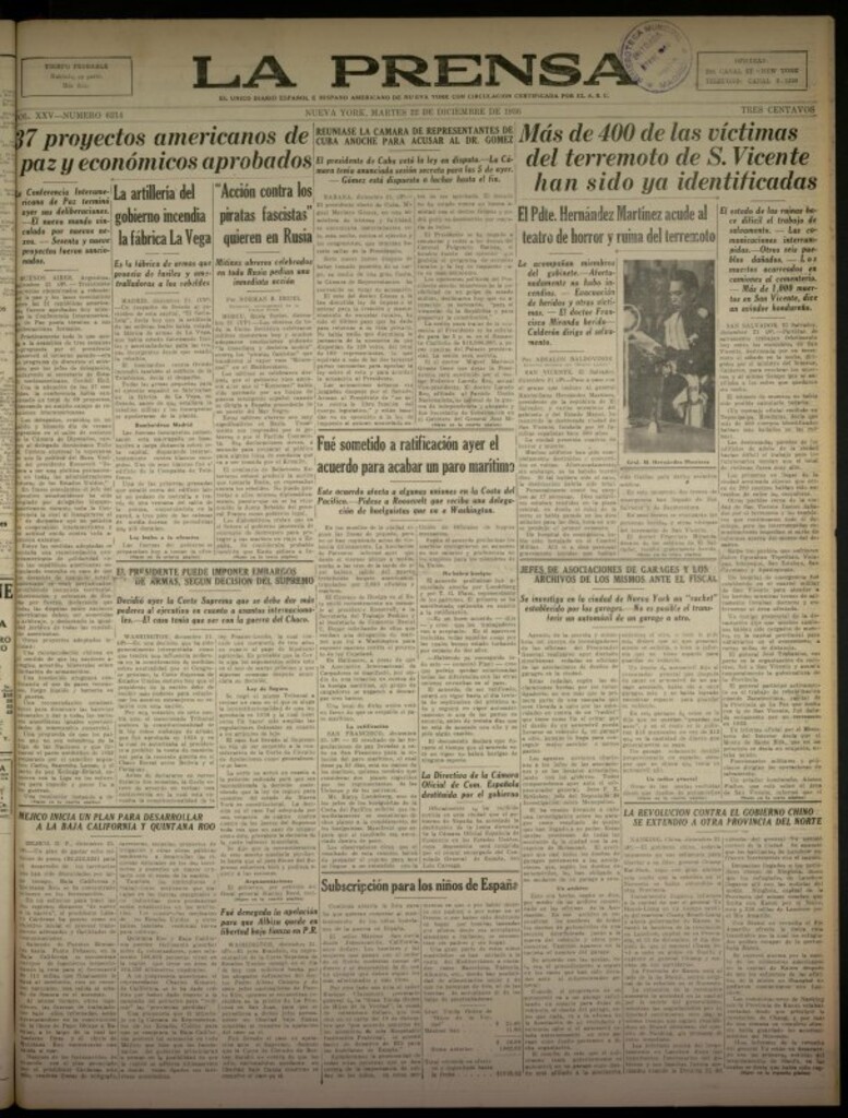 Miniatura de La Prensa: único diario español e hispano americano en Nueva York del 22 de diciembre de 1936, nº 6214