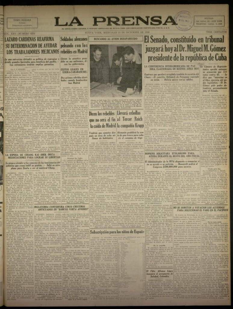 Miniatura de La Prensa: único diario español e hispano americano en Nueva York del 23 de diciembre de 1936, nº 6215