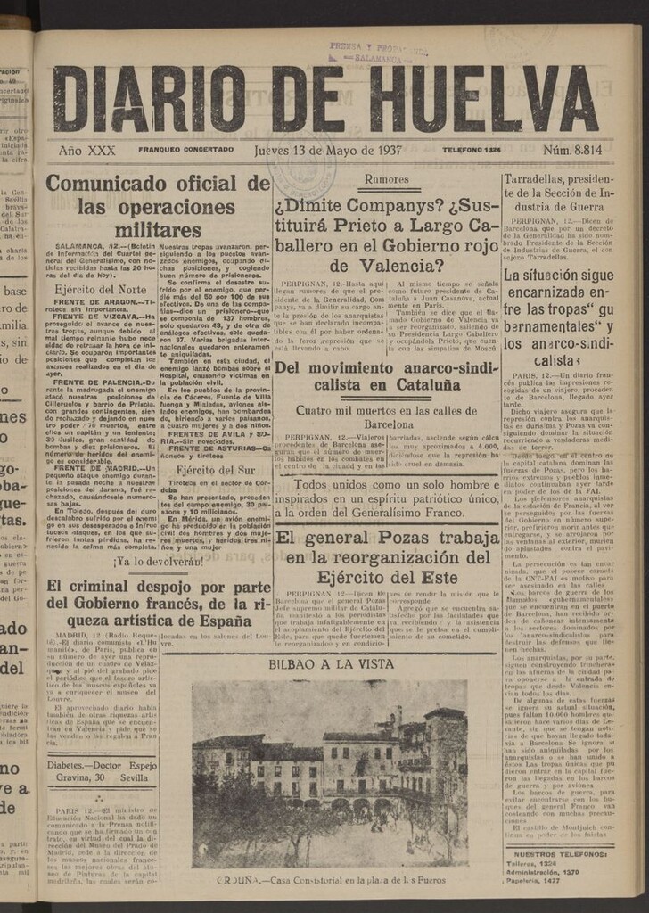 Miniatura de Diario de Huelva : periódico independiente del 13 de mayo de 1937