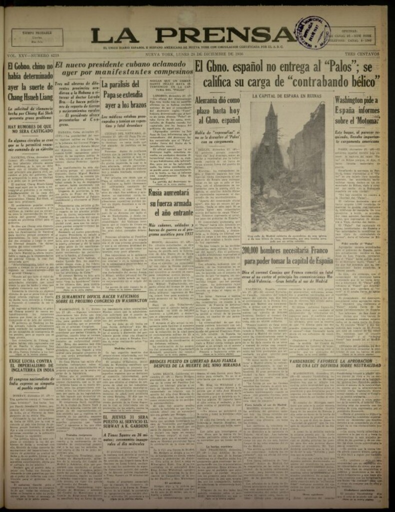 Miniatura de La Prensa: único diario español e hispano americano en Nueva York del 28 de diciembre de 1936, nº 6219