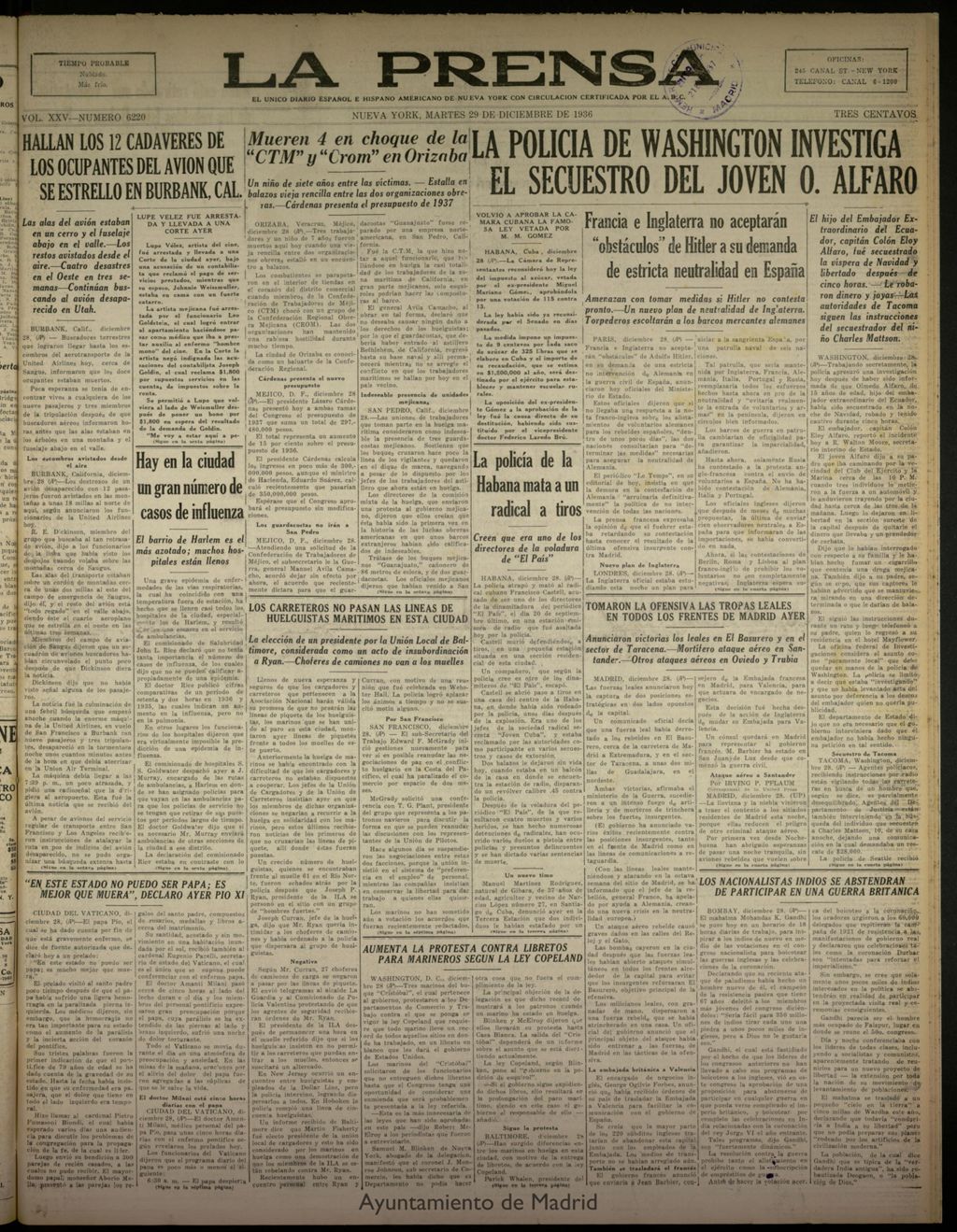Miniatura de La Prensa: único diario español e hispano americano en Nueva York del 29 de diciembre de 1936, nº 6220