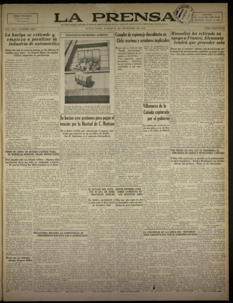 Miniatura de La Prensa: único diario español e hispano americano en Nueva York del 31 de diciembre de 1936, nº 6222