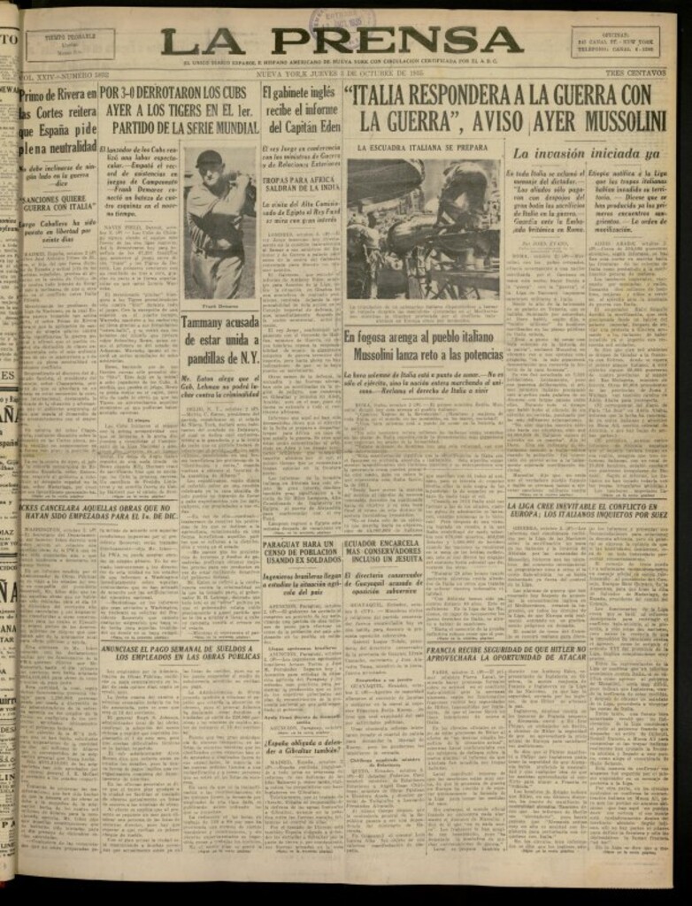 Miniatura de La Prensa: único diario español e hispano americano en Nueva York del 3 de octubre de 1935, nº 5832
