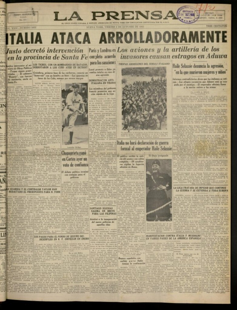 Miniatura de La Prensa: único diario español e hispano americano en Nueva York del 4 de octubre de 1935, nº 5833