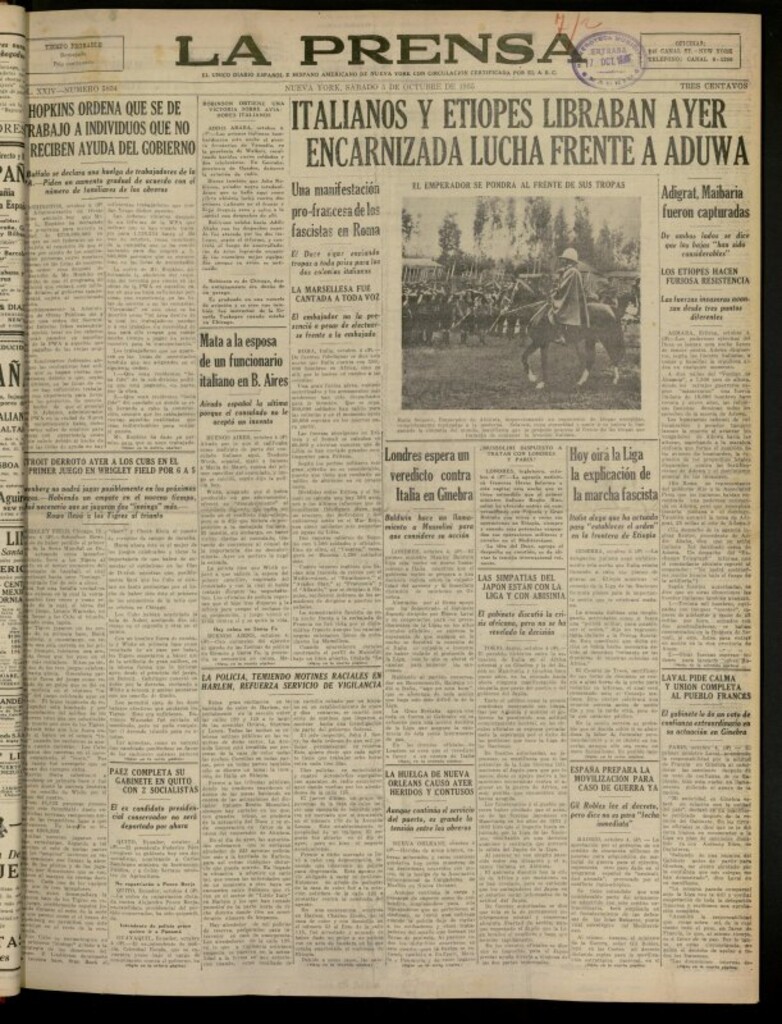 Miniatura de La Prensa: único diario español e hispano americano en Nueva York del 5 de octubre de 1935, nº 5834