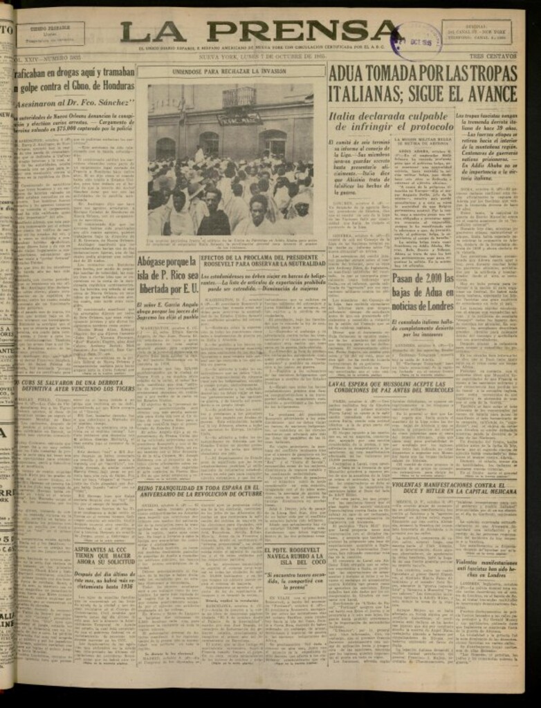 Miniatura de La Prensa: único diario español e hispano americano en Nueva York del 7 de octubre de 1935, nº 5835