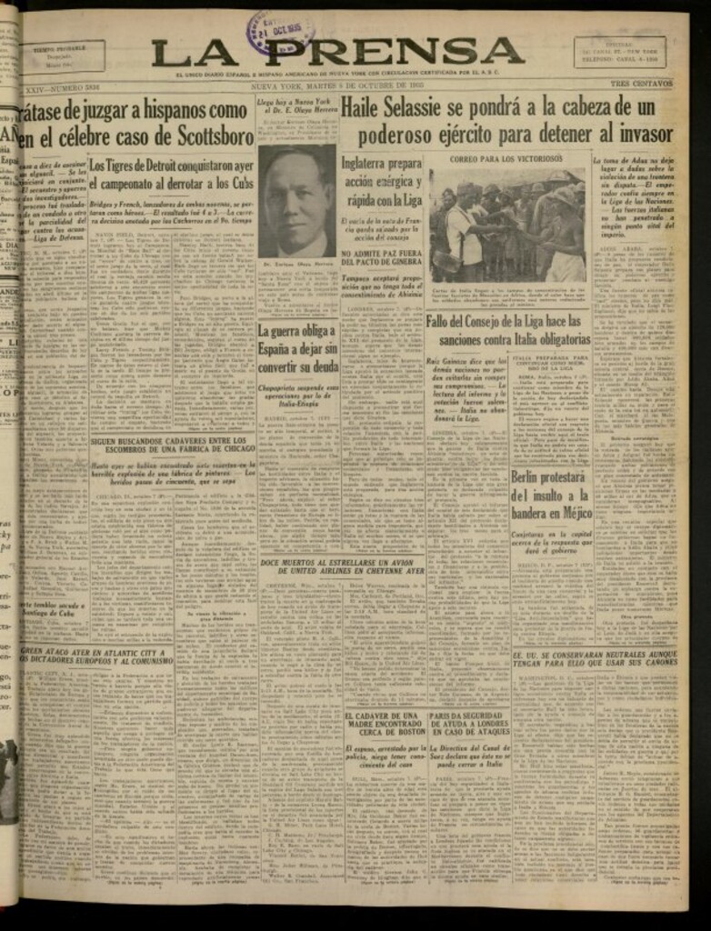 Miniatura de La Prensa: único diario español e hispano americano en Nueva York del 8 de octubre de 1935, nº 5836
