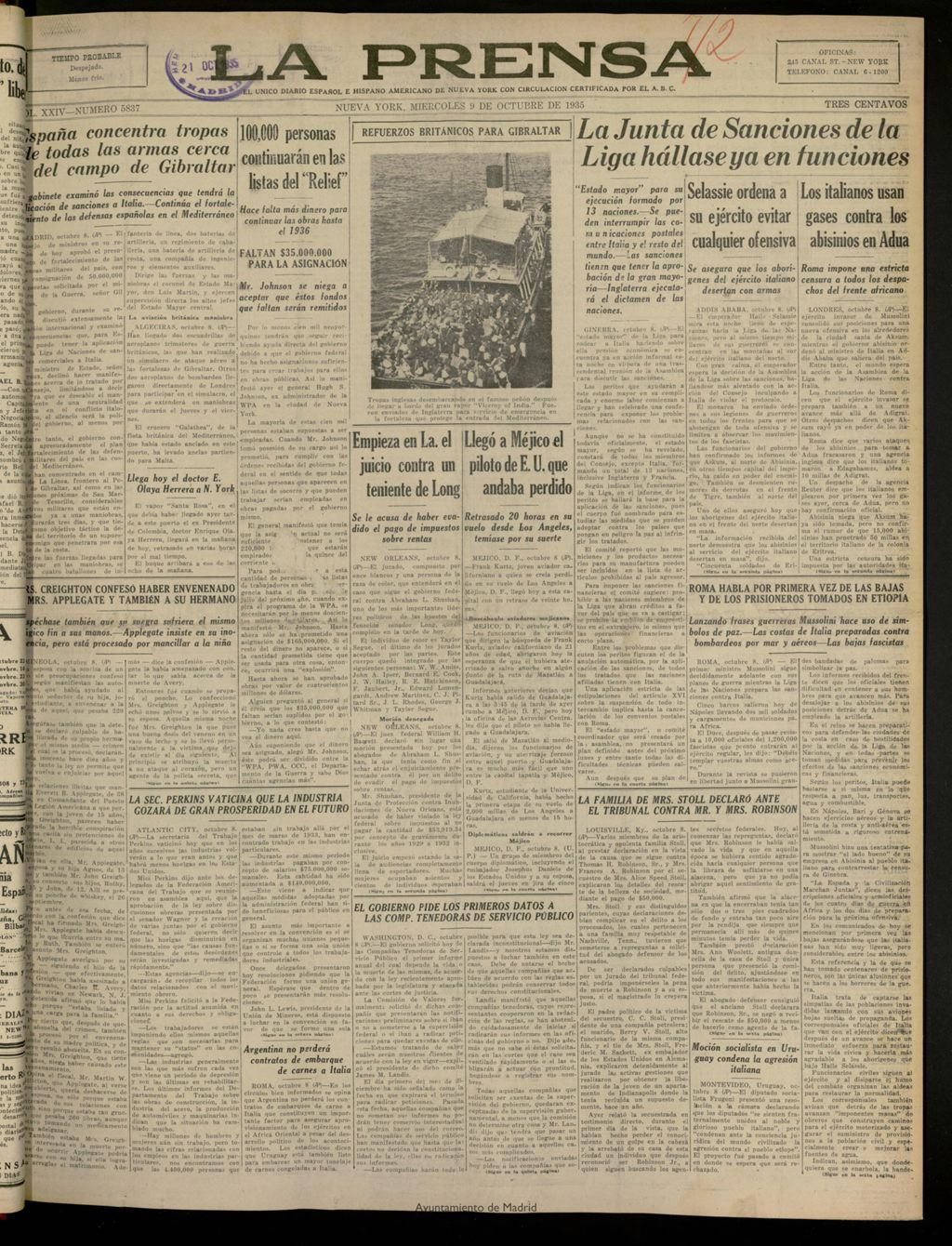 Miniatura de La Prensa: único diario español e hispano americano en Nueva York del 9 de octubre de 1935, nº 5837