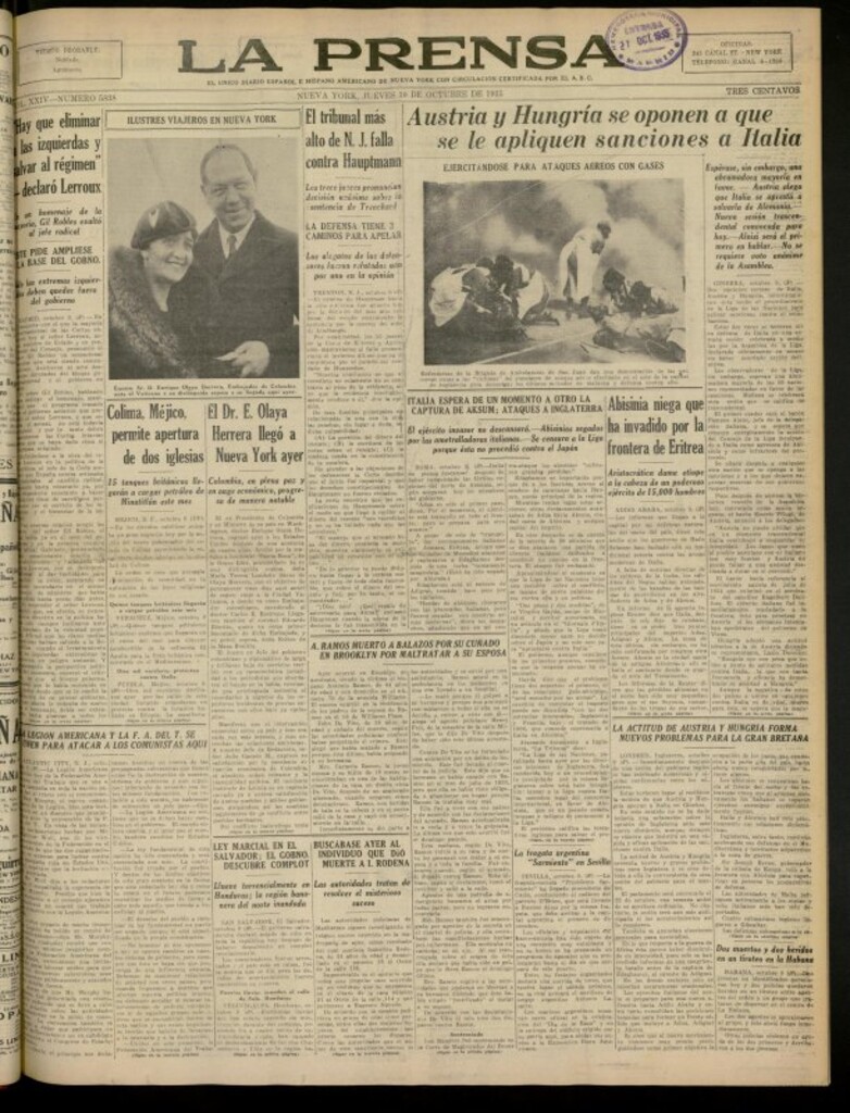Miniatura de La Prensa: único diario español e hispano americano en Nueva York del 10 de octubre de 1935, nº 5838
