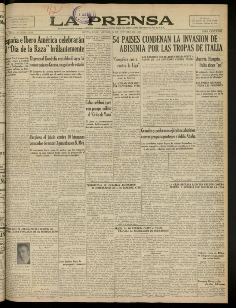 Miniatura de La Prensa: único diario español e hispano americano en Nueva York del 11 de octubre de 1935, nº 5839