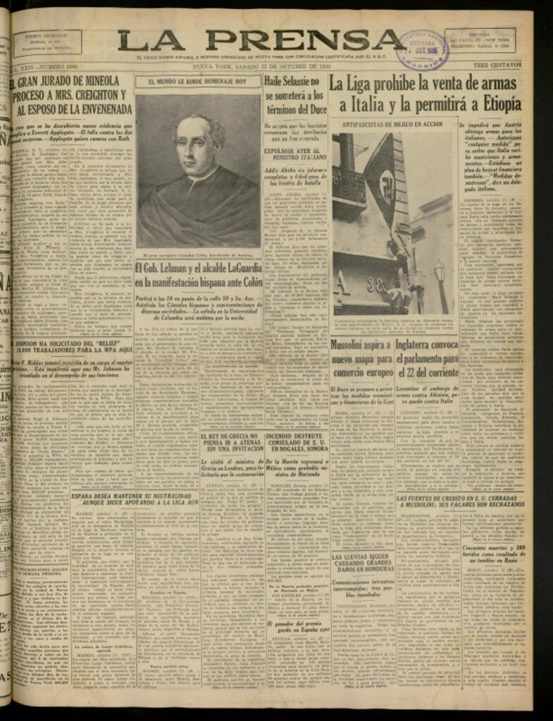 Miniatura de La Prensa: único diario español e hispano americano en Nueva York del 12 de octubre de 1935, nº 5840
