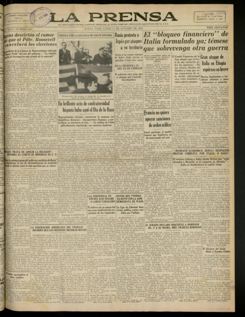 Miniatura de La Prensa: único diario español e hispano americano en Nueva York del 14 de octubre de 1935, nº 5841