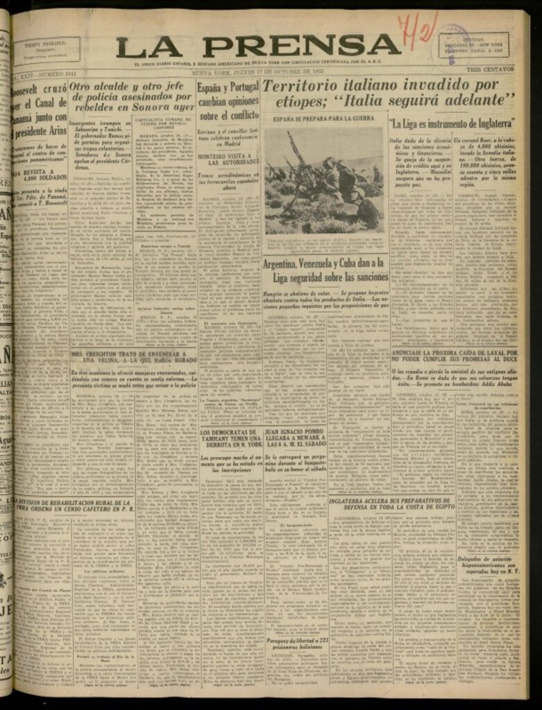 Miniatura de La Prensa: único diario español e hispano americano en Nueva York del 17 de octubre de 1935, nº 5844