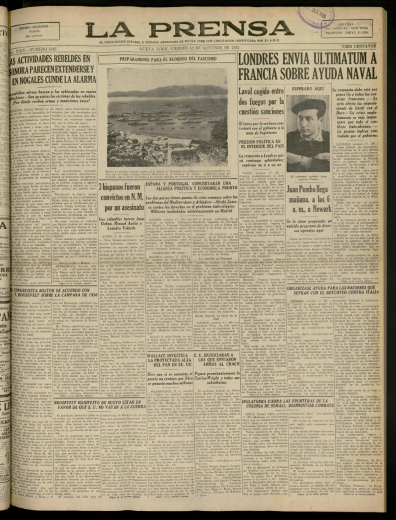 Miniatura de La Prensa: único diario español e hispano americano en Nueva York del 18 de octubre de 1935, nº 5845