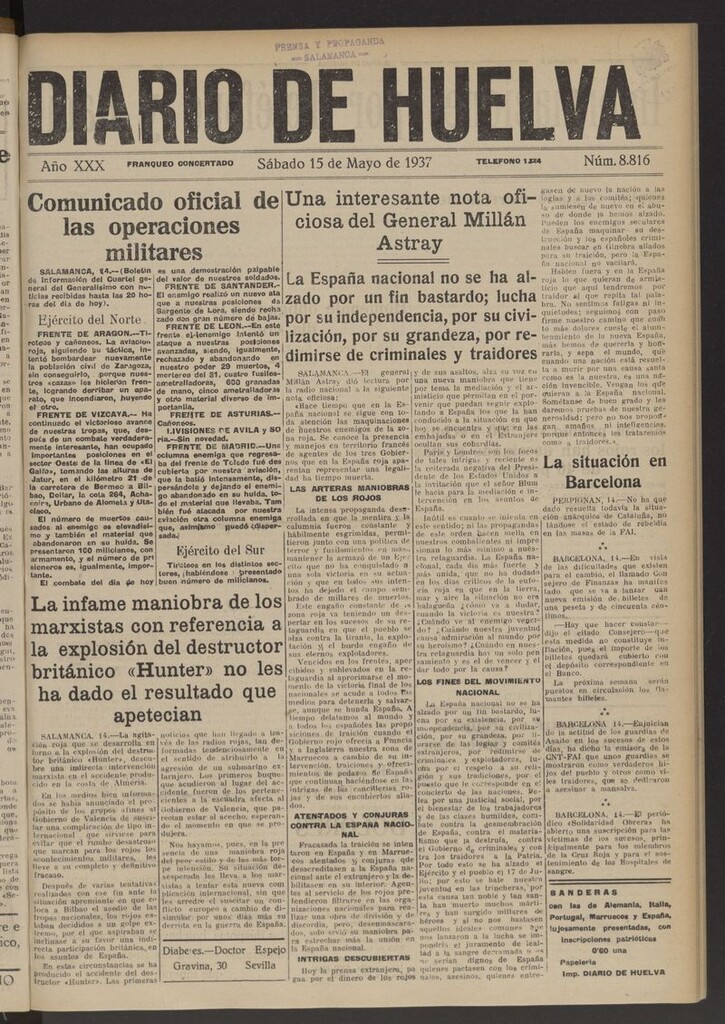 Miniatura de Diario de Huelva : periódico independiente del 15 de mayo de 1937