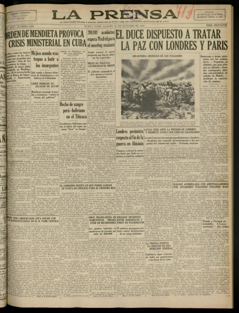 Miniatura de La Prensa: único diario español e hispano americano en Nueva York del 19 de octubre de 1935, nº 5846