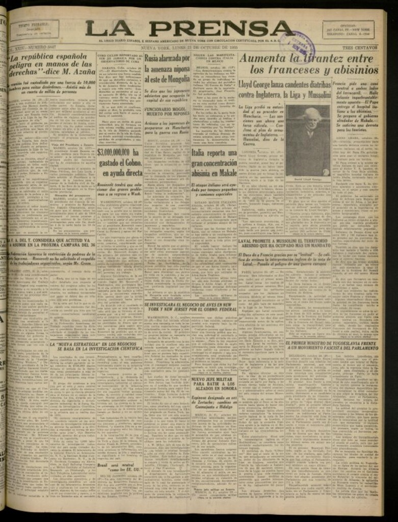 Miniatura de La Prensa: único diario español e hispano americano en Nueva York del 21 de octubre de 1935, nº 5847