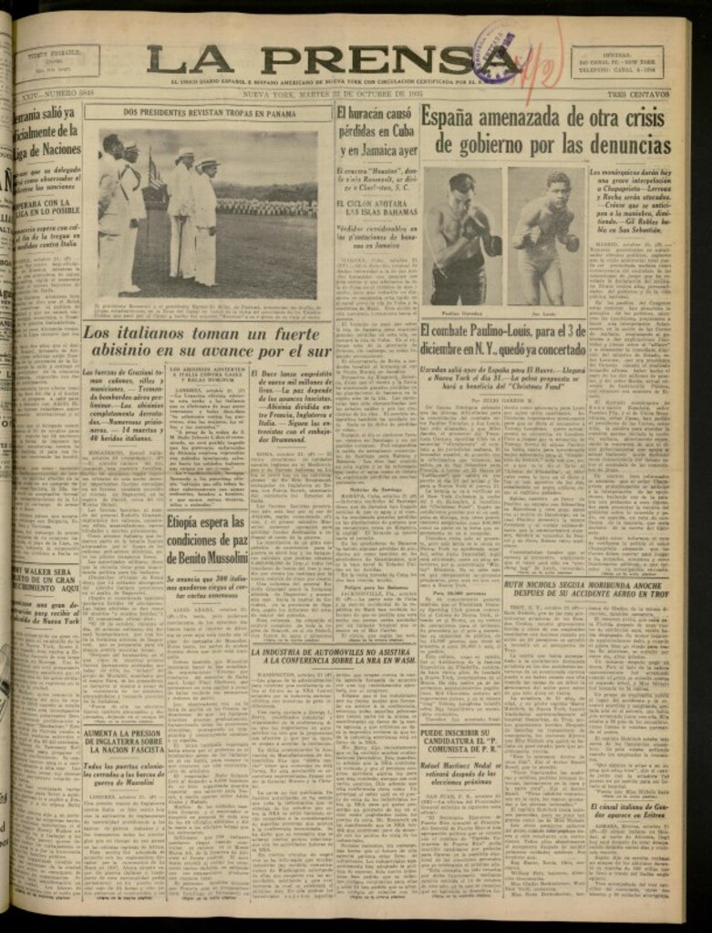 Miniatura de La Prensa: único diario español e hispano americano en Nueva York del 22 de octubre de 1935, nº 5848
