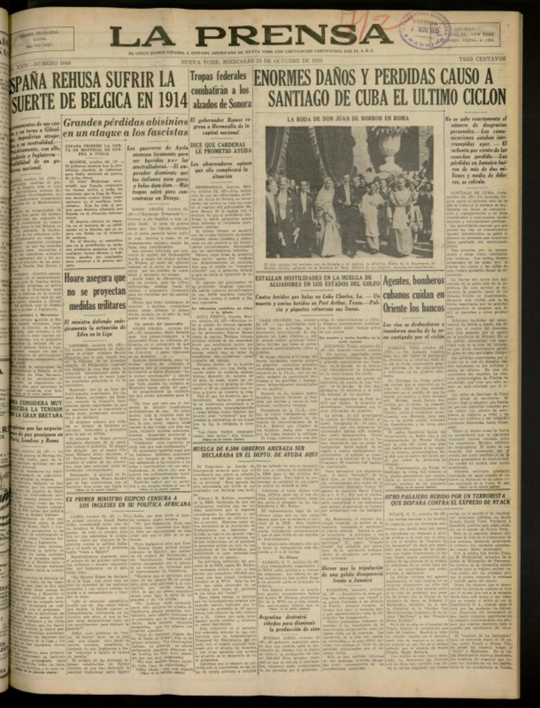 Miniatura de La Prensa: único diario español e hispano americano en Nueva York del 23 de octubre de 1935, nº 5849