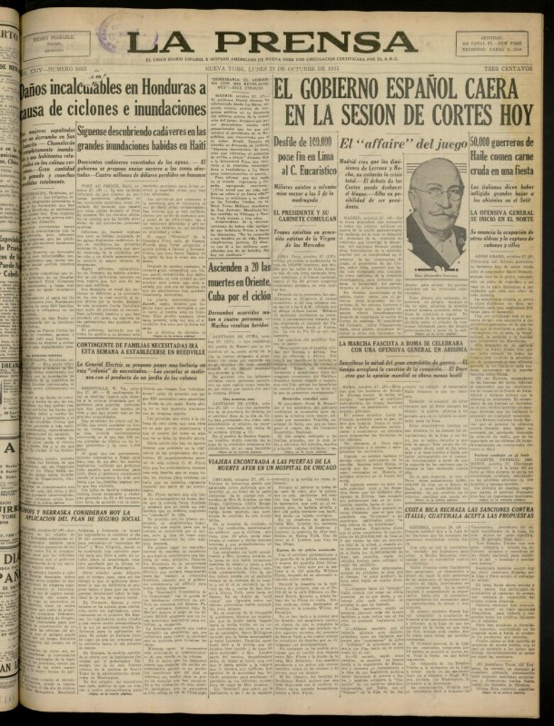 Miniatura de La Prensa: único diario español e hispano americano en Nueva York del 28 de octubre de 1935, nº 5853