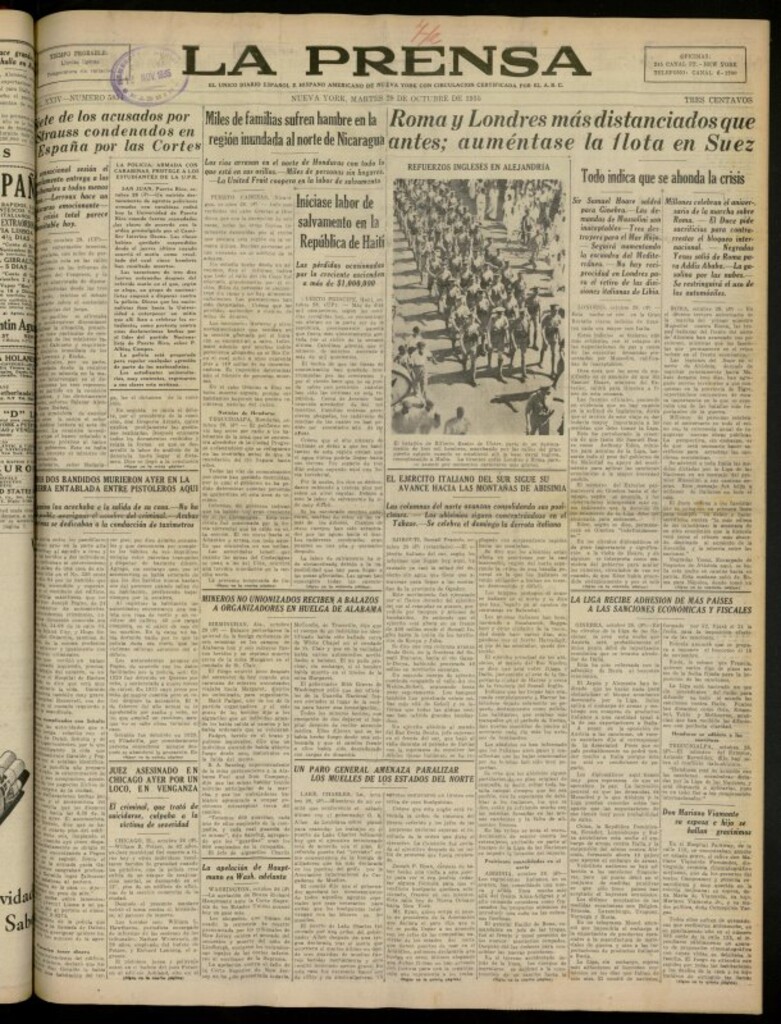 Miniatura de La Prensa: único diario español e hispano americano en Nueva York del 29 de octubre de 1935, nº 5854
