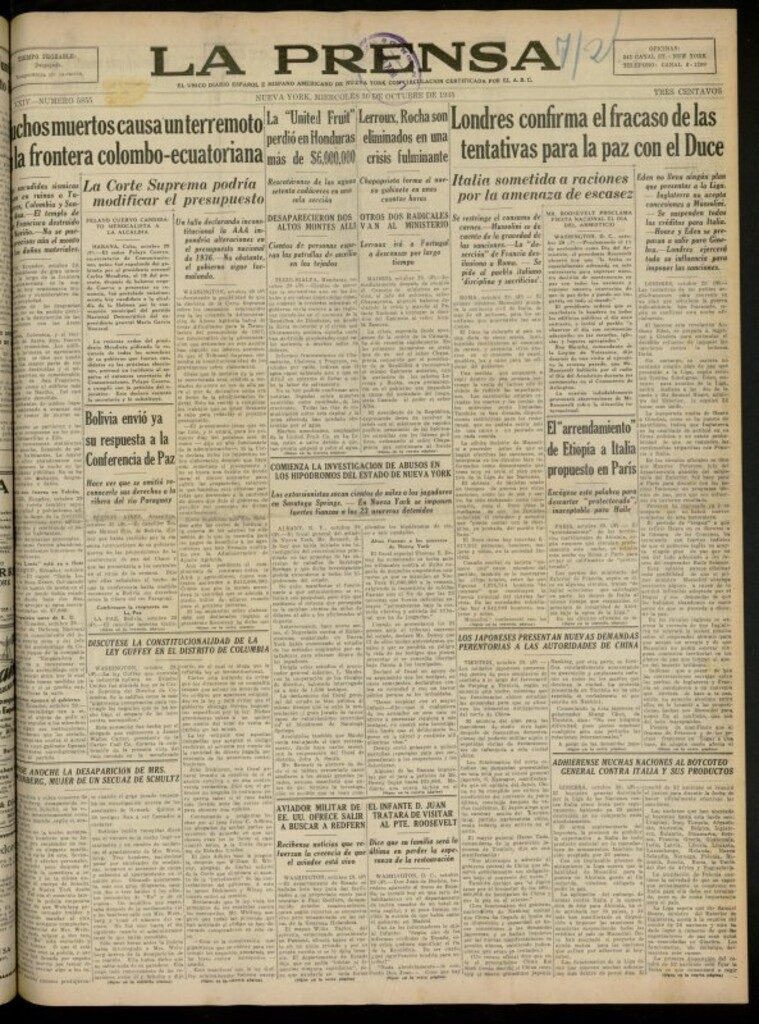 Miniatura de La Prensa: único diario español e hispano americano en Nueva York del 30 de octubre de 1935, nº 5855