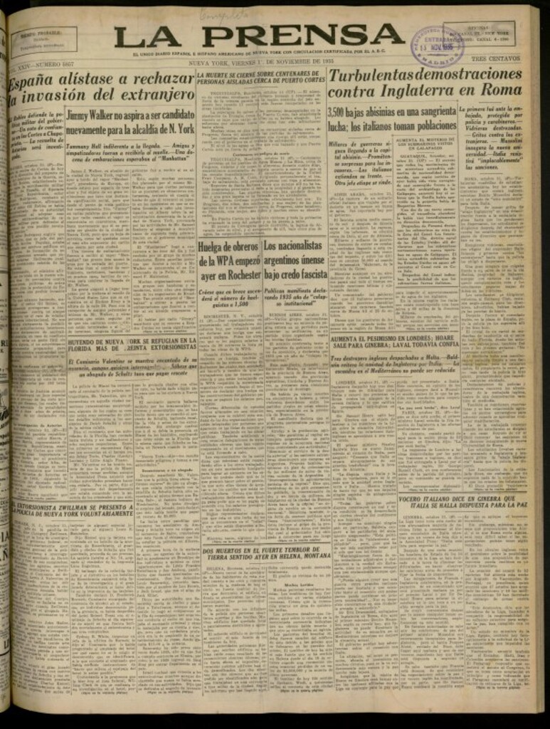 Miniatura de La Prensa: único diario español e hispano americano en Nueva York del 1 de noviembre de 1935, nº 5857
