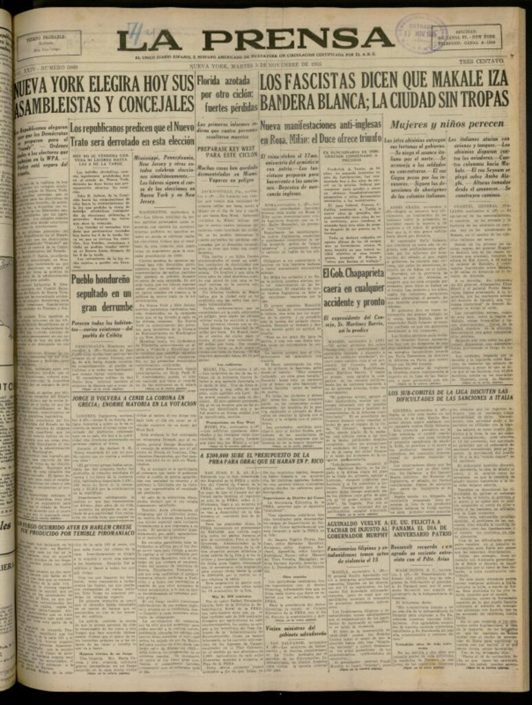 Miniatura de La Prensa: único diario español e hispano americano en Nueva York del 5 de noviembre de 1935, nº 5860