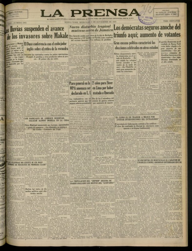 Miniatura de La Prensa: único diario español e hispano americano en Nueva York del 6 de noviembre de 1935, nº 5861