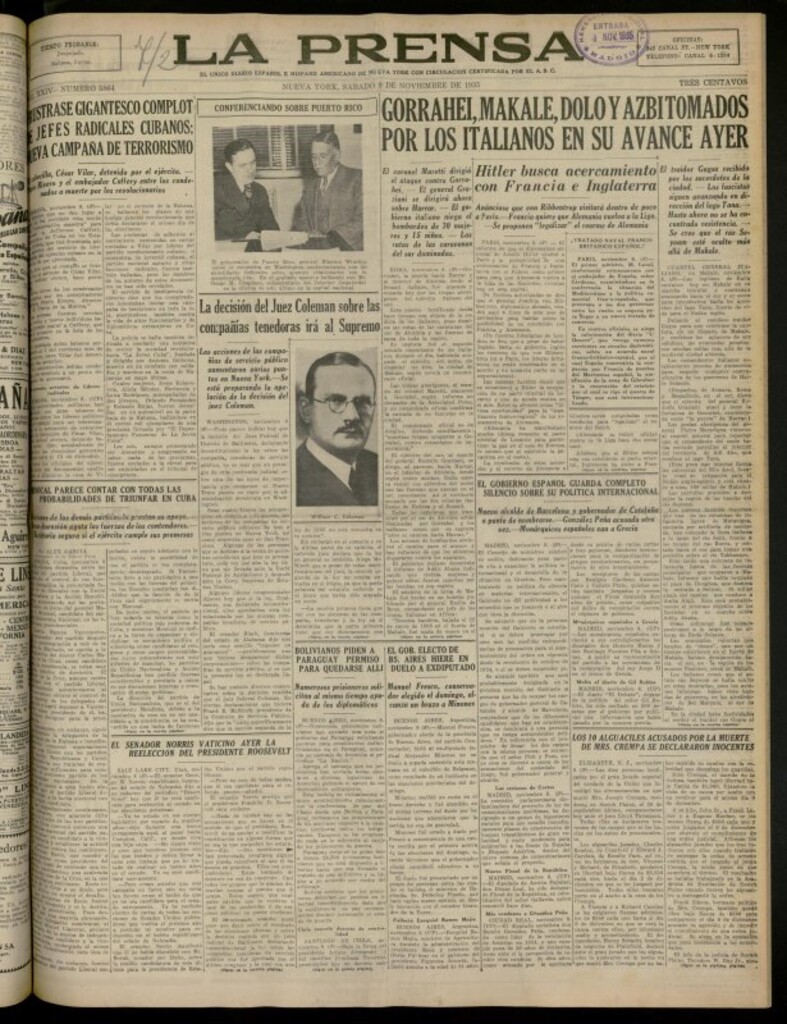 Miniatura de La Prensa: único diario español e hispano americano en Nueva York del 9 de noviembre de 1935, nº 5864