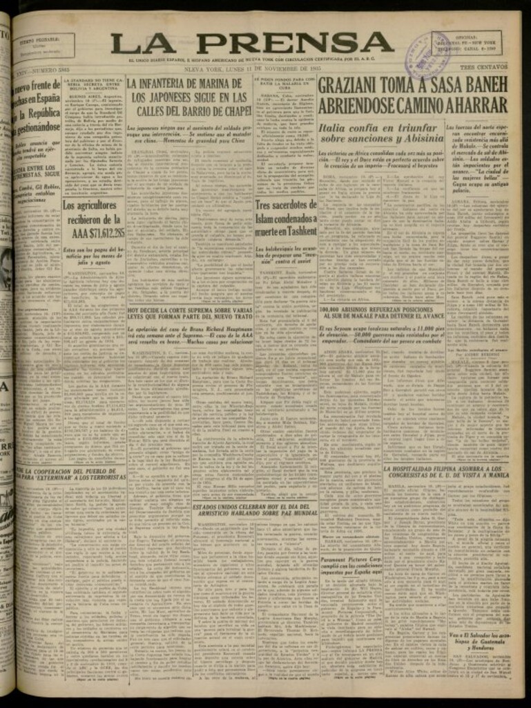 Miniatura de La Prensa: único diario español e hispano americano en Nueva York del 11 de noviembre de 1935, nº 5865