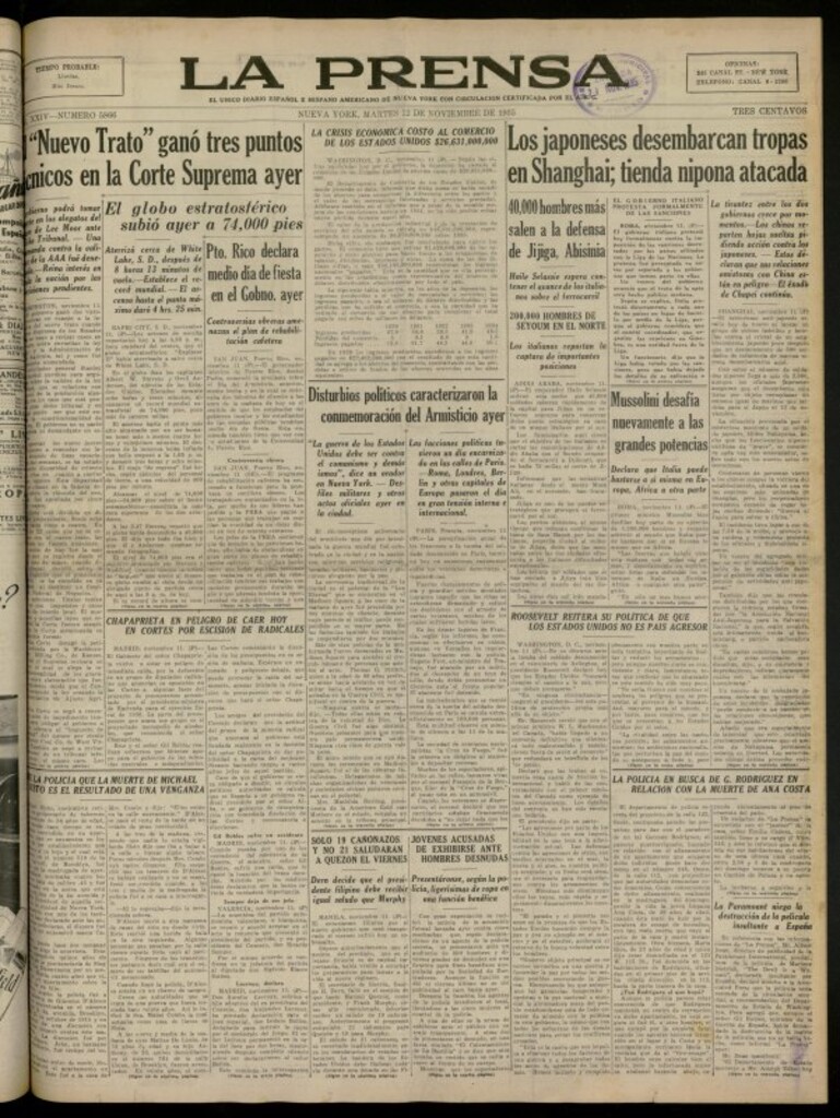 Miniatura de La Prensa: único diario español e hispano americano en Nueva York del 12 de noviembre de 1935, nº 5866