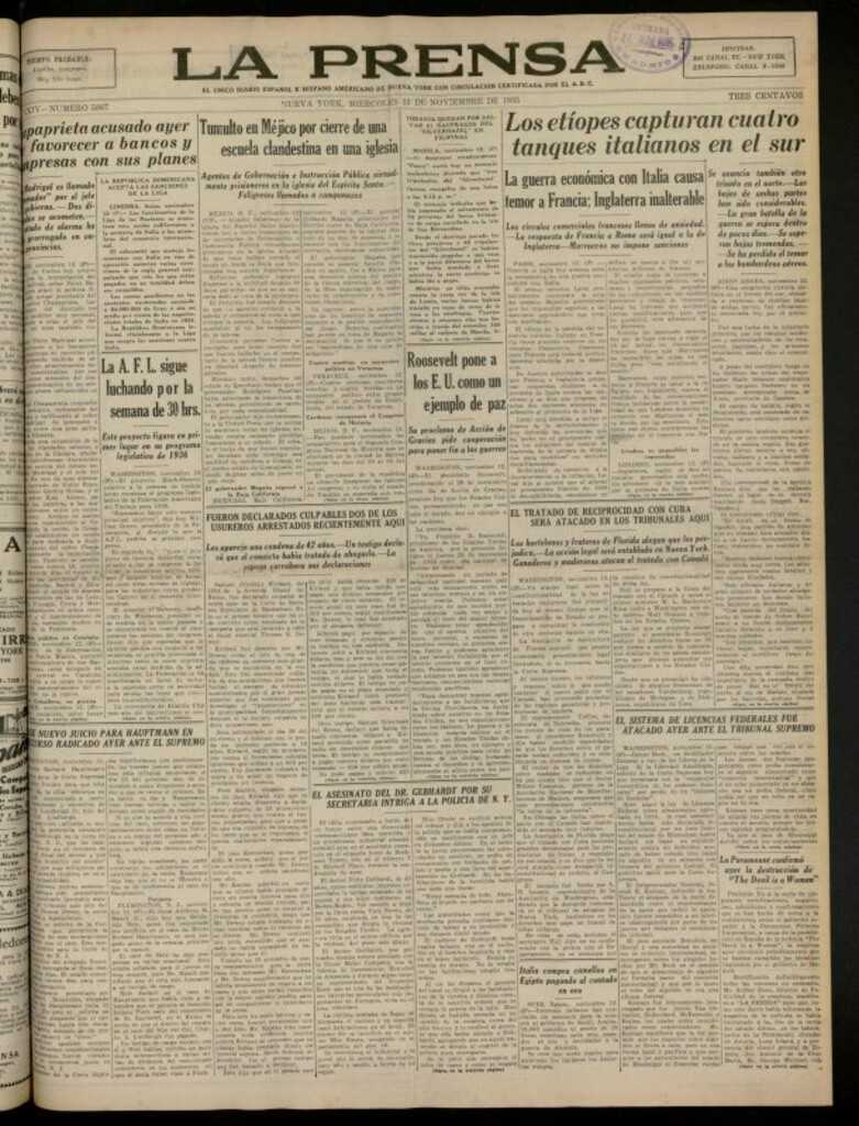 Miniatura de La Prensa: único diario español e hispano americano en Nueva York del 13 de noviembre de 1935, nº 5867