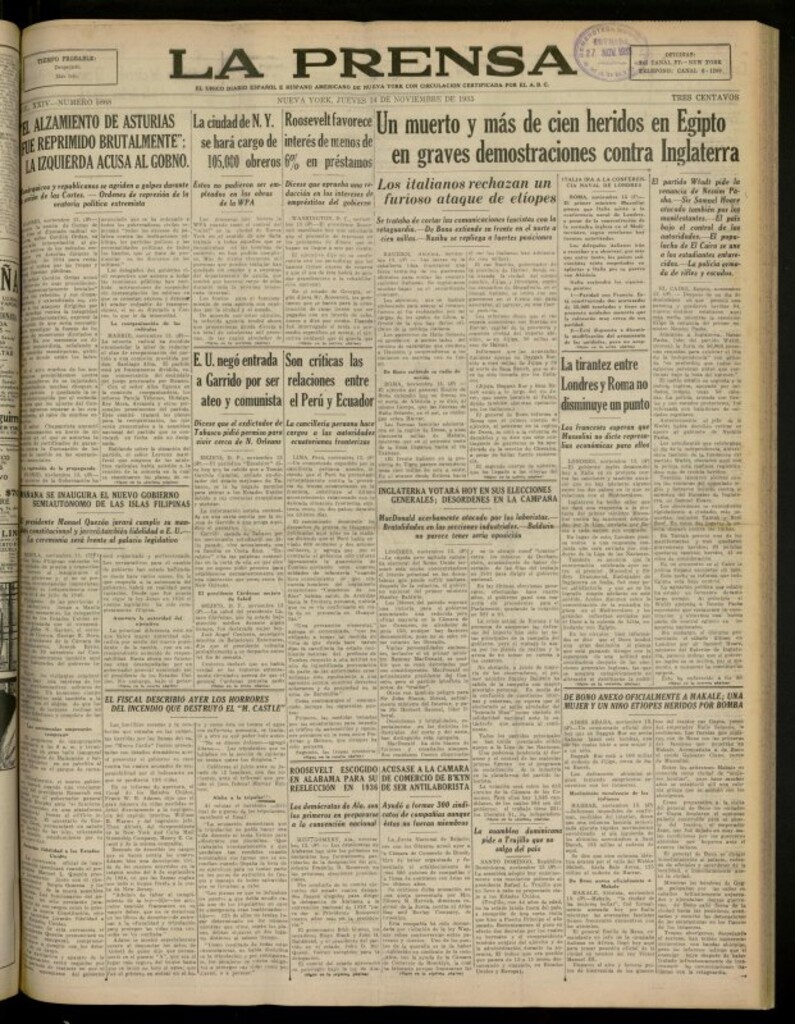 Miniatura de La Prensa: único diario español e hispano americano en Nueva York del 14 de noviembre de 1935, nº 5868