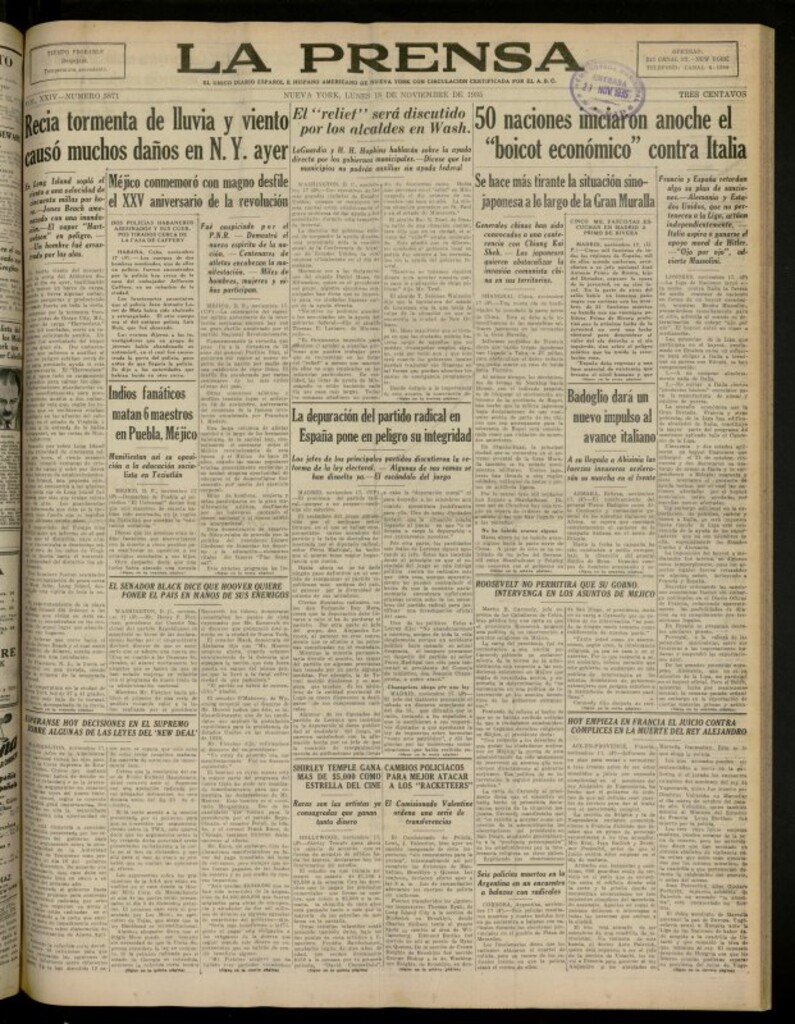 Miniatura de La Prensa: único diario español e hispano americano en Nueva York del 18 de noviembre de 1935, nº 5871